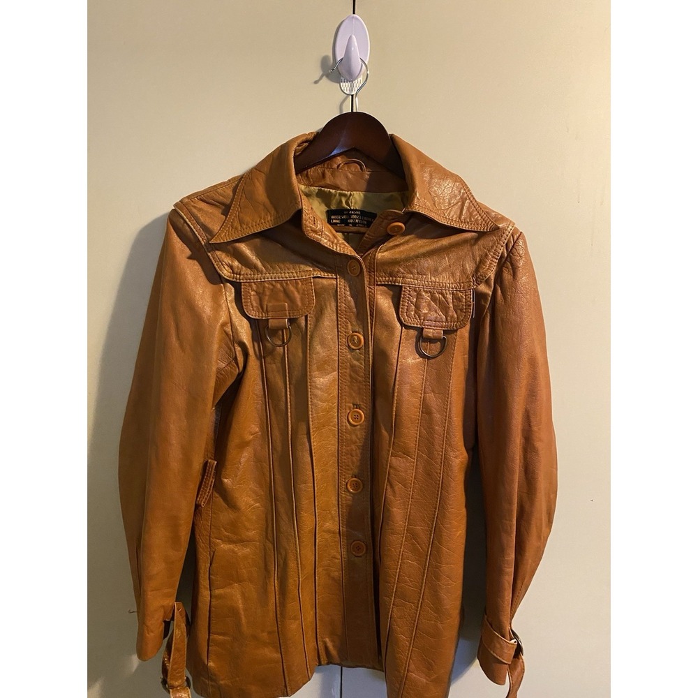 Vintage 70s Tan Leather Safari Jacket Wide Collar D-Ring Western Boho Coat M